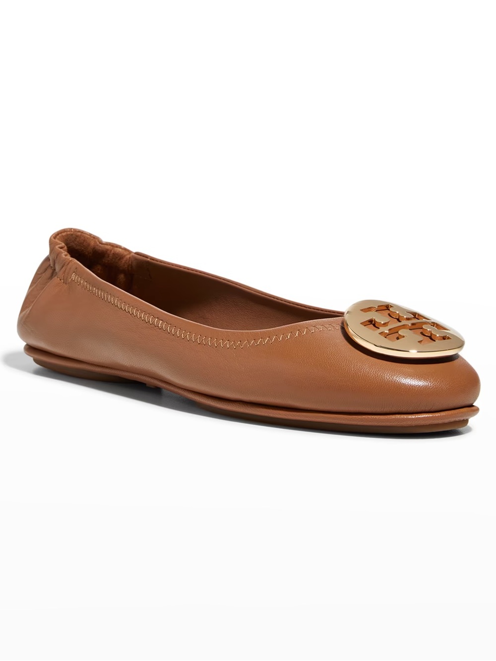 Tory Burch Minnie Travel Ballet Flats Tan Leather Gold Logo Size 7